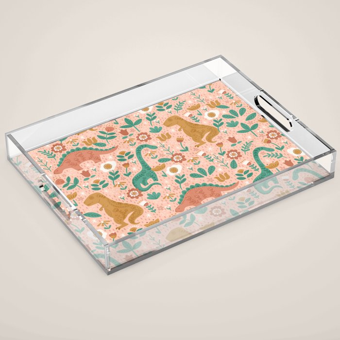 Folk Floral Dinosaurs in Pink Acrylic Tray Gallery Image 1