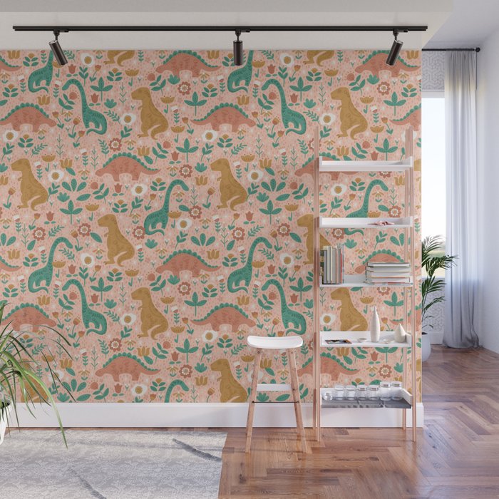 Folk Floral Dinosaurs in Pink Wall Mural Gallery Image 1