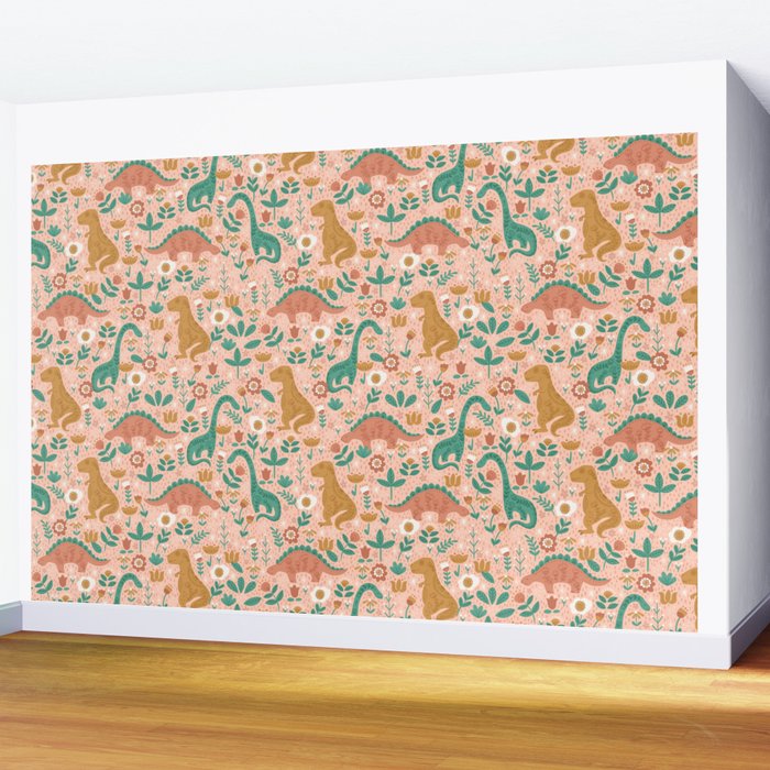 Folk Floral Dinosaurs in Pink Wall Mural Gallery Image 2