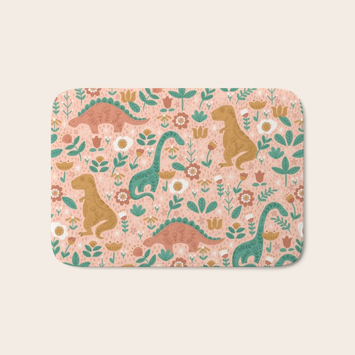 Folk Floral Dinosaurs in Pink Bath Mat Gallery Image 1