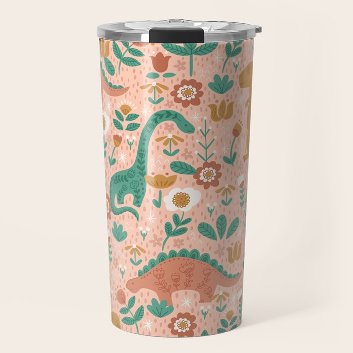 Folk Floral Dinosaurs in Pink Travel Mug Gallery Image 1