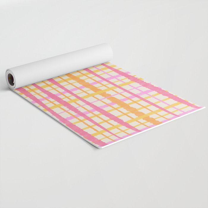 Retro Picnic Plaid Painted Stripe Pattern Pink Yellow Cream Yoga Mat Gallery Image 2