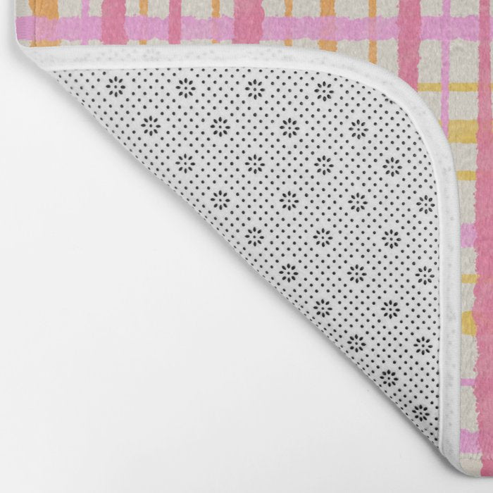 Retro Picnic Plaid Painted Stripe Pattern Pink Yellow Cream Bath Mat Gallery Image 2