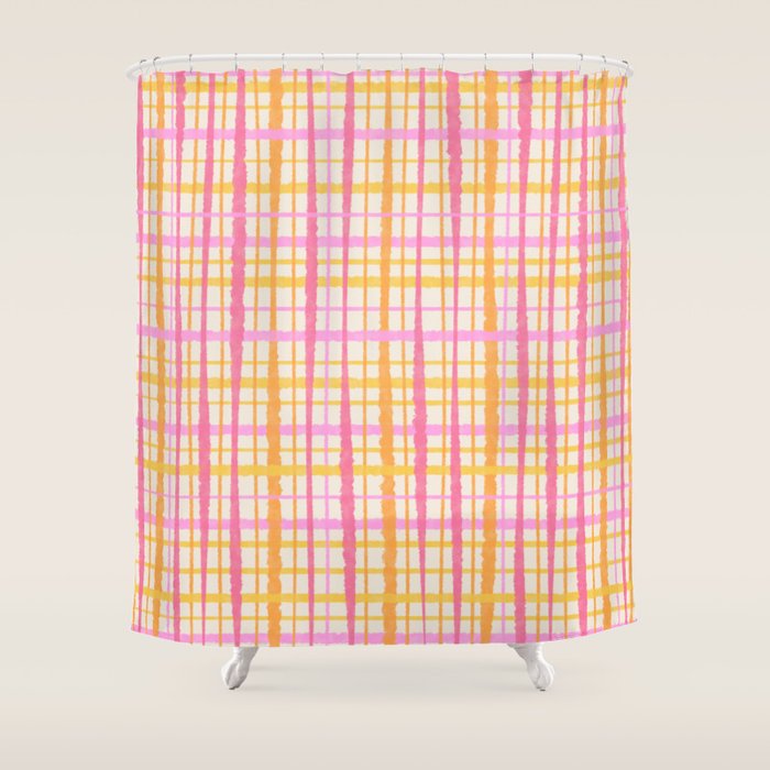 Retro Picnic Plaid Painted Stripe Pattern Pink Yellow Cream Shower Curtain Gallery Image 1