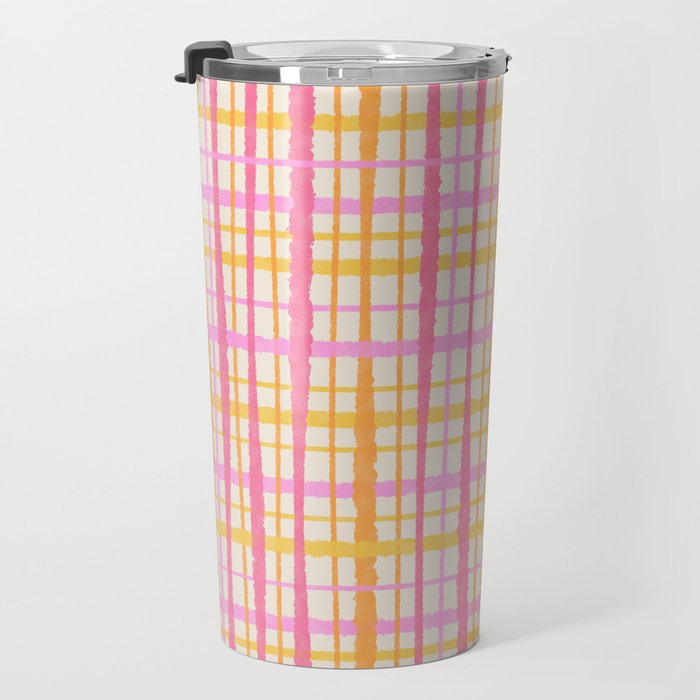 Retro Picnic Plaid Painted Stripe Pattern Pink Yellow Cream Travel Mug Gallery Image 3