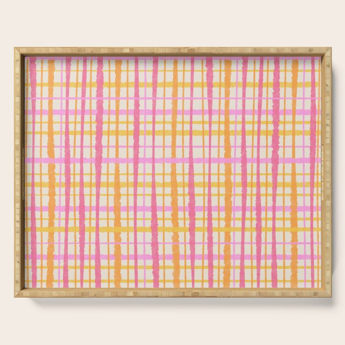 Retro Picnic Plaid Painted Stripe Pattern Pink Yellow Cream Serving Tray Gallery Image 1