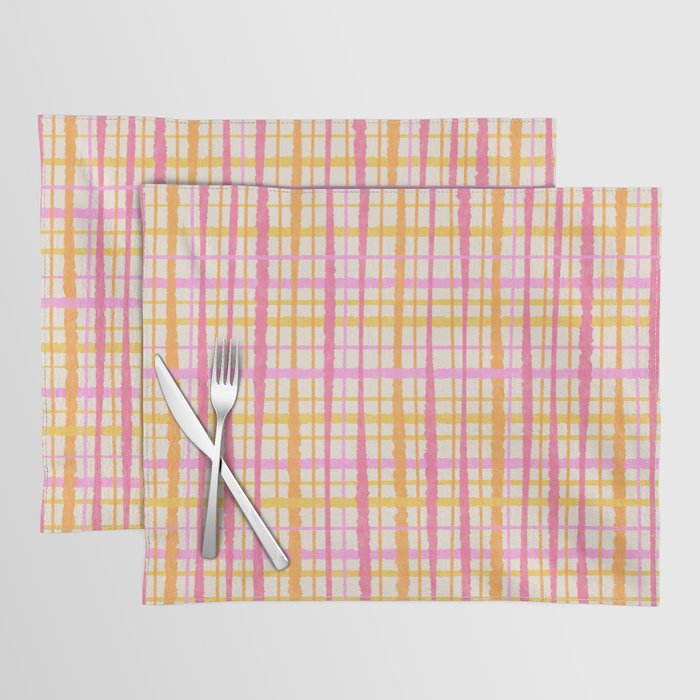 Retro Picnic Plaid Painted Stripe Pattern Pink Yellow Cream Placemat Gallery Image 1