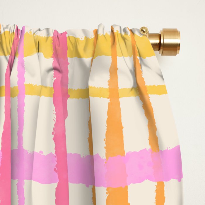 Retro Picnic Plaid Painted Stripe Pattern Pink Yellow Cream Window Curtain Gallery Image 2