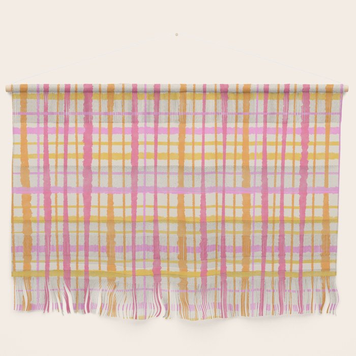 Retro Picnic Plaid Painted Stripe Pattern Pink Yellow Cream Wall Hanging Gallery Image 1