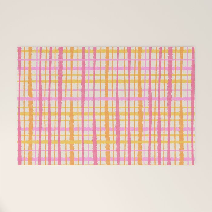Retro Picnic Plaid Painted Stripe Pattern Pink Yellow Cream Welcome Mat Gallery Image 1