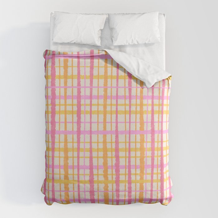 Retro Picnic Plaid Painted Stripe Pattern Pink Yellow Cream Duvet Cover Gallery Image 6