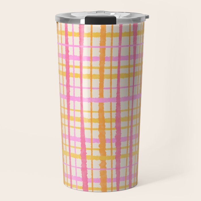Retro Picnic Plaid Painted Stripe Pattern Pink Yellow Cream Travel Mug Gallery Image 1