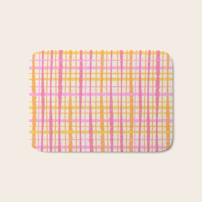 Retro Picnic Plaid Painted Stripe Pattern Pink Yellow Cream Bath Mat Gallery Image 1