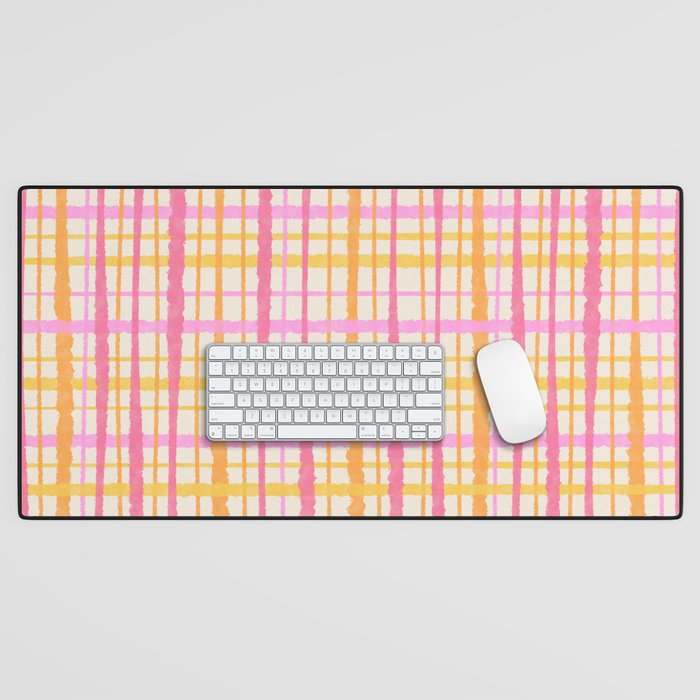 Retro Picnic Plaid Painted Stripe Pattern Pink Yellow Cream Desk Mat Gallery Image 1