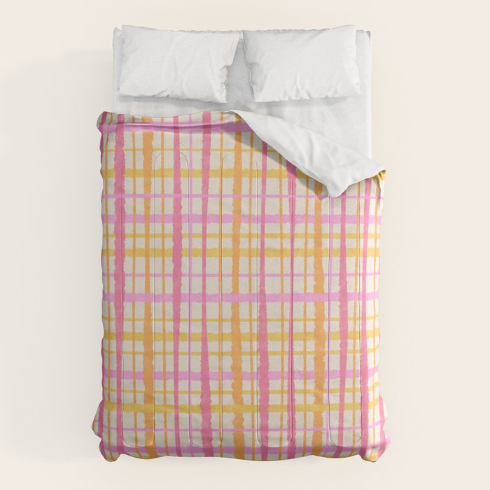 Retro Picnic Plaid Painted Stripe Pattern Pink Yellow Cream Comforter Gallery Image 6