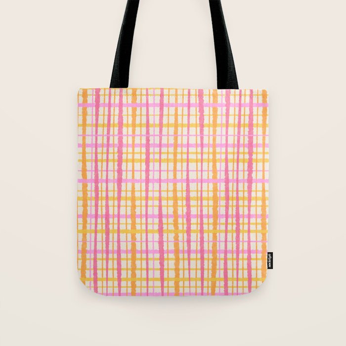 Retro Picnic Plaid Painted Stripe Pattern Pink Yellow Cream Tote Bag Gallery Image 1