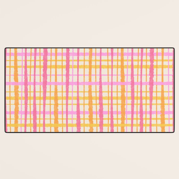 Retro Picnic Plaid Painted Stripe Pattern Pink Yellow Cream Desk Mat Gallery Image 3