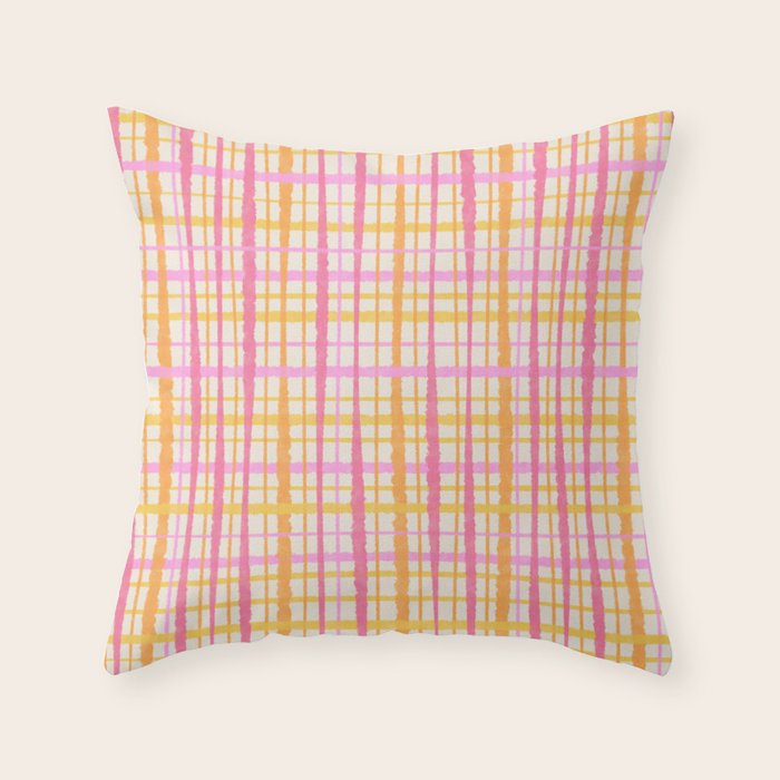 Retro Picnic Plaid Painted Stripe Pattern Pink Yellow Cream Throw Pillow Gallery Image 1