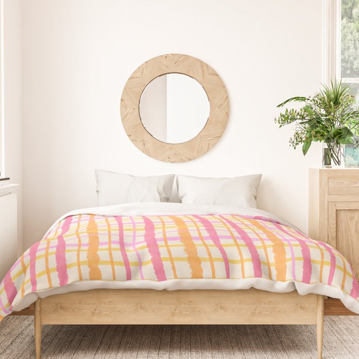 Retro Picnic Plaid Painted Stripe Pattern Pink Yellow Cream Duvet Cover Gallery Image 3