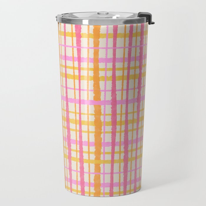 Retro Picnic Plaid Painted Stripe Pattern Pink Yellow Cream Travel Mug Gallery Image 2