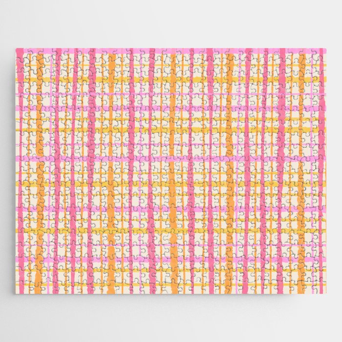 Retro Picnic Plaid Painted Stripe Pattern Pink Yellow Cream Jigsaw Puzzle Gallery Image 1