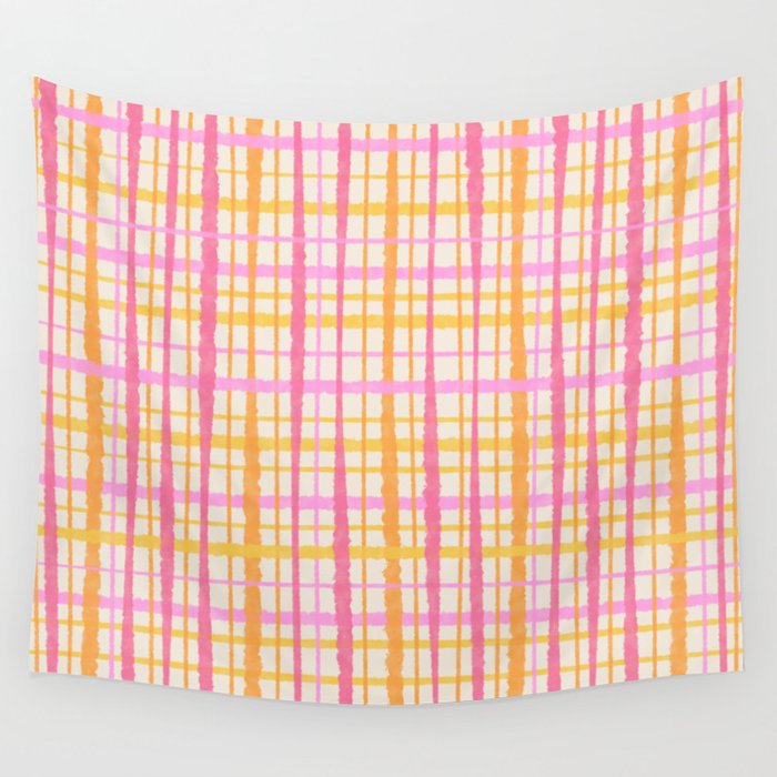 Retro Picnic Plaid Painted Stripe Pattern Pink Yellow Cream Wall Tapestry Gallery Image 4