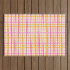Retro Picnic Plaid Painted Stripe Pattern Pink Yellow Cream Outdoor Rug Gallery Image 1