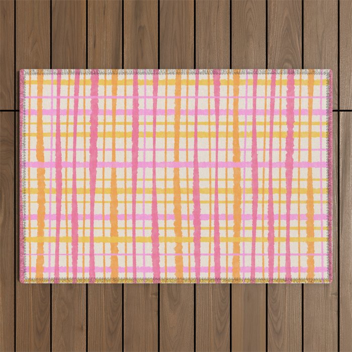 Retro Picnic Plaid Painted Stripe Pattern Pink Yellow Cream Outdoor Rug Gallery Image 1