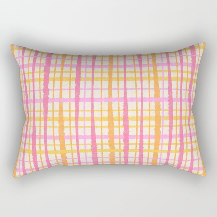 Retro Picnic Plaid Painted Stripe Pattern Pink Yellow Cream Rectangular Pillow Gallery Image 1