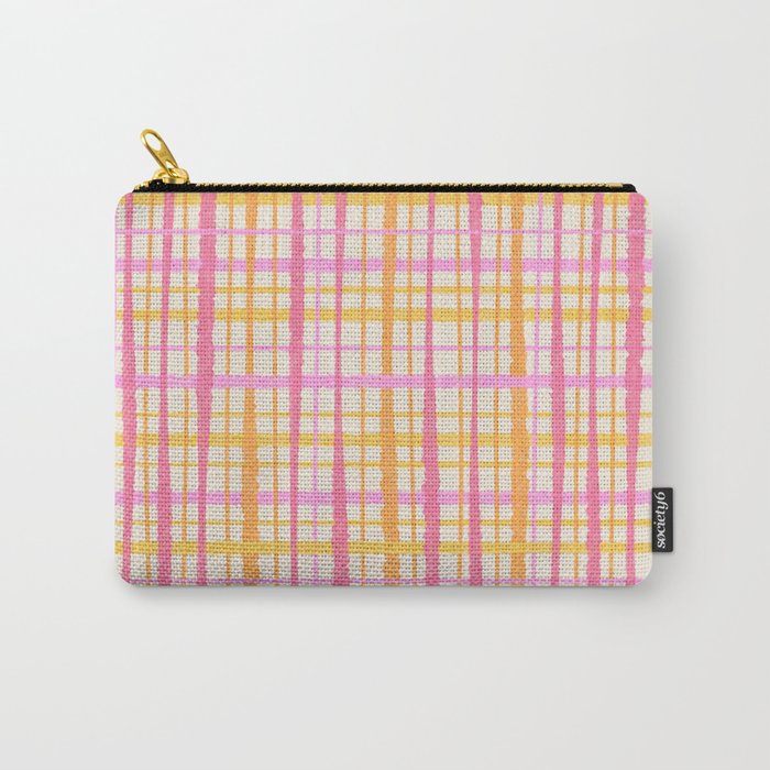 Retro Picnic Plaid Painted Stripe Pattern Pink Yellow Cream Carry All Pouch Gallery Image 1