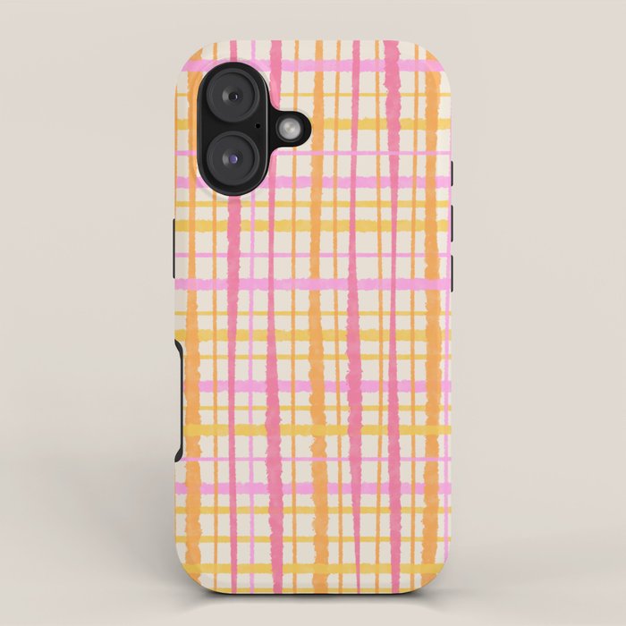 Retro Picnic Plaid Painted Stripe Pattern Pink Yellow Cream iPhone Case Gallery Image 1