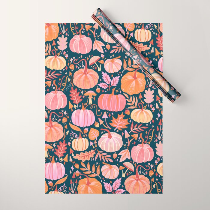 Pumpkin Confetti - Peach on Teal Wrapping Paper Gallery Image 1