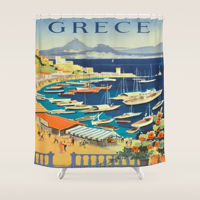 Greece Mid Century Travel Poster Shower Curtain Gallery Image 1