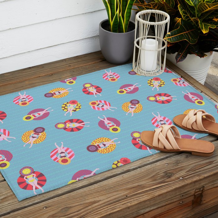 Floating in the Pool Pattern. Women on colorful floaties. Outdoor Rug Gallery Image 2