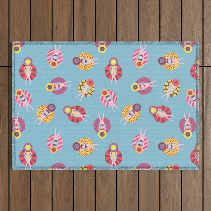 Floating in the Pool Pattern. Women on colorful floaties. Outdoor Rug Gallery Image 1