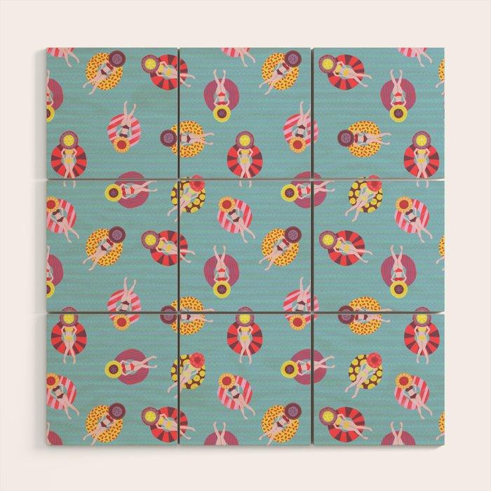 Floating in the Pool Pattern. Women on colorful floaties. Wood Wall Art Gallery Image 1