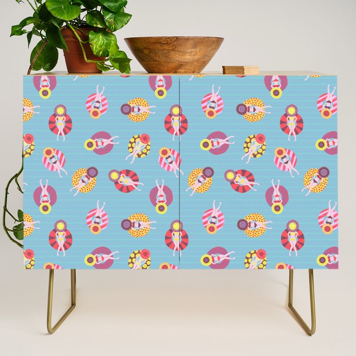 Floating in the Pool Pattern. Women on colorful floaties. Credenza Gallery Image 1