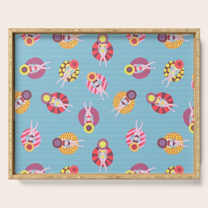 Floating in the Pool Pattern. Women on colorful floaties. Serving Tray Gallery Image 1
