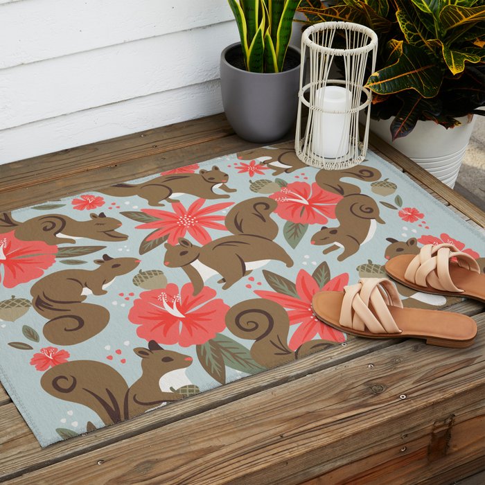 Squirrels & Blooms - Russet & Coral Outdoor Rug Gallery Image 2