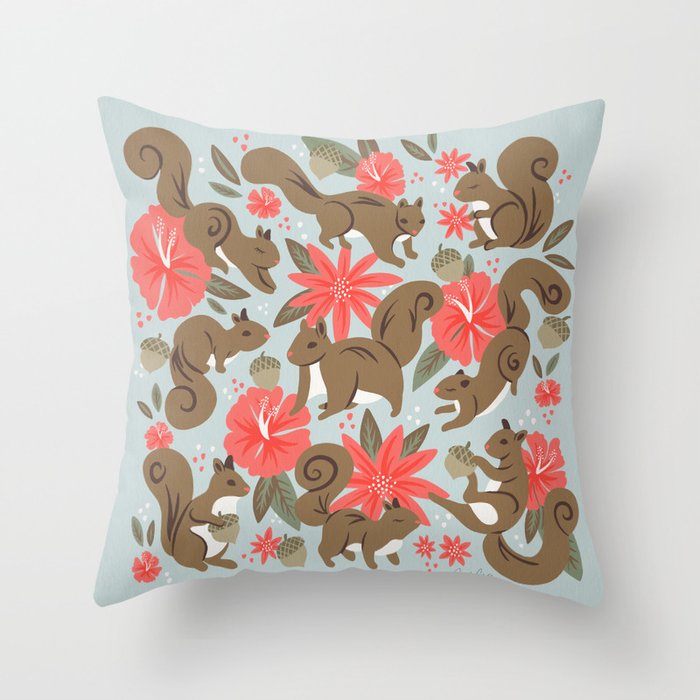 Squirrels & Blooms - Russet & Coral Throw Pillow Gallery Image 6