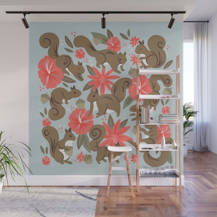 Squirrels & Blooms - Russet & Coral Wall Mural Gallery Image 1