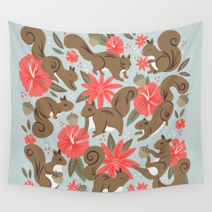 Squirrels & Blooms - Russet & Coral Wall Tapestry Gallery Image 1