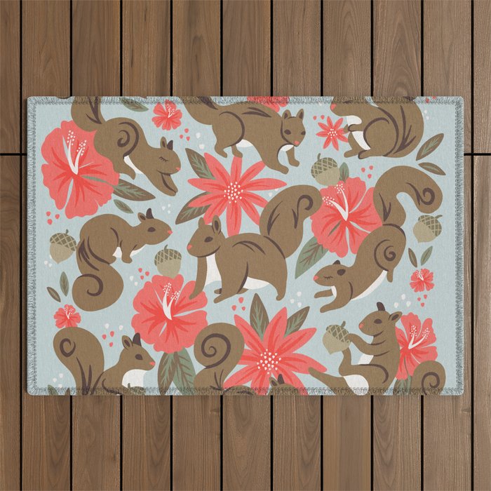 Squirrels & Blooms - Russet & Coral Outdoor Rug Gallery Image 1