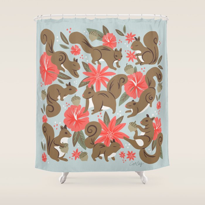 Squirrels & Blooms - Russet & Coral Shower Curtain Gallery Image 1