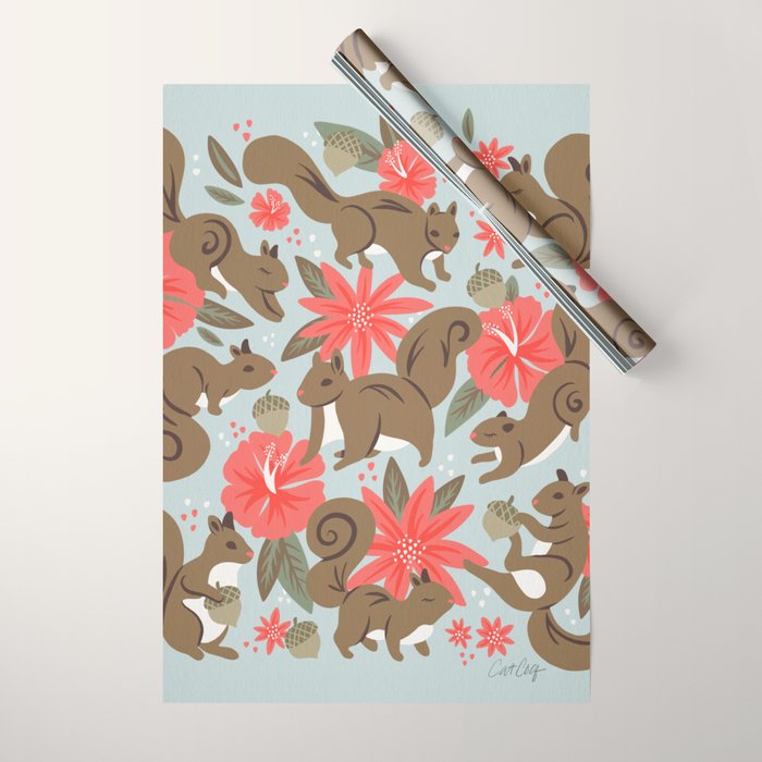 Squirrels & Blooms - Russet & Coral Wrapping Paper Gallery Image 1