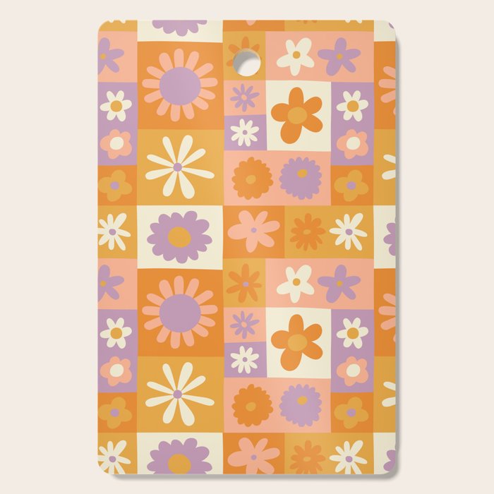 Retro hippie flower mosaic checkered pattern Cutting Board Gallery Image 1