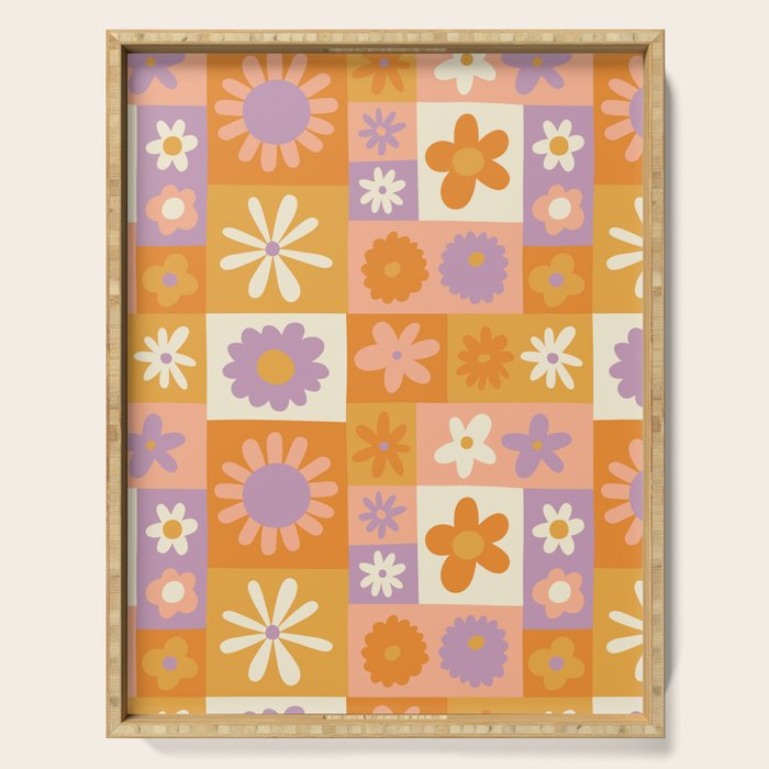 Retro hippie flower mosaic checkered pattern Serving Tray Gallery Image 1