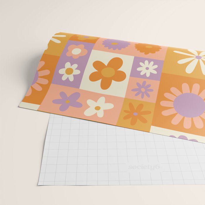 Retro hippie flower mosaic checkered pattern Wrapping Paper Gallery Image 2