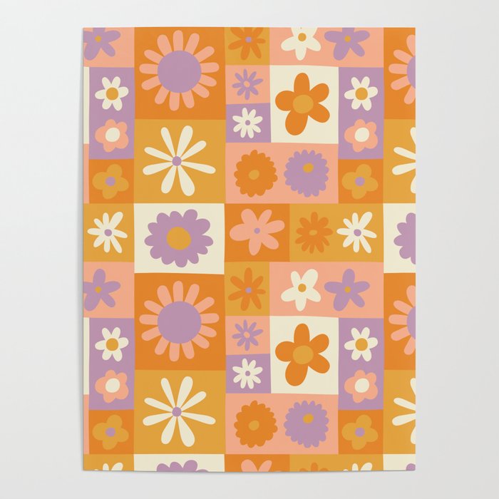 Retro hippie flower mosaic checkered pattern Poster Gallery Image 4