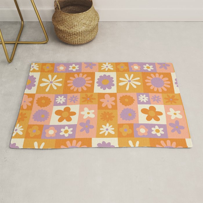 Retro hippie flower mosaic checkered pattern Rug Gallery Image 1